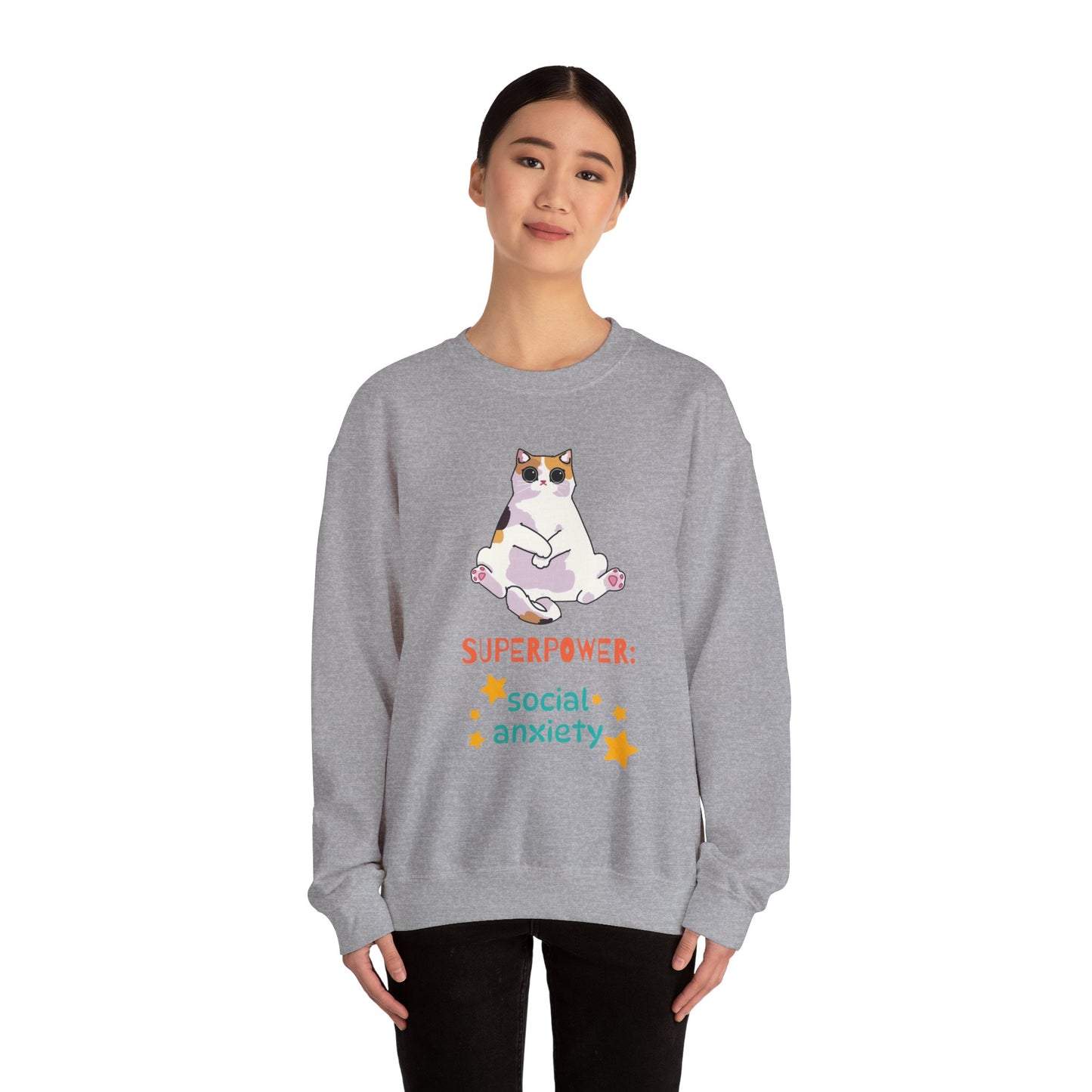 Funny Cat Sweatshirt - "Superpower: Social Anxiety" Unisex Crewneck