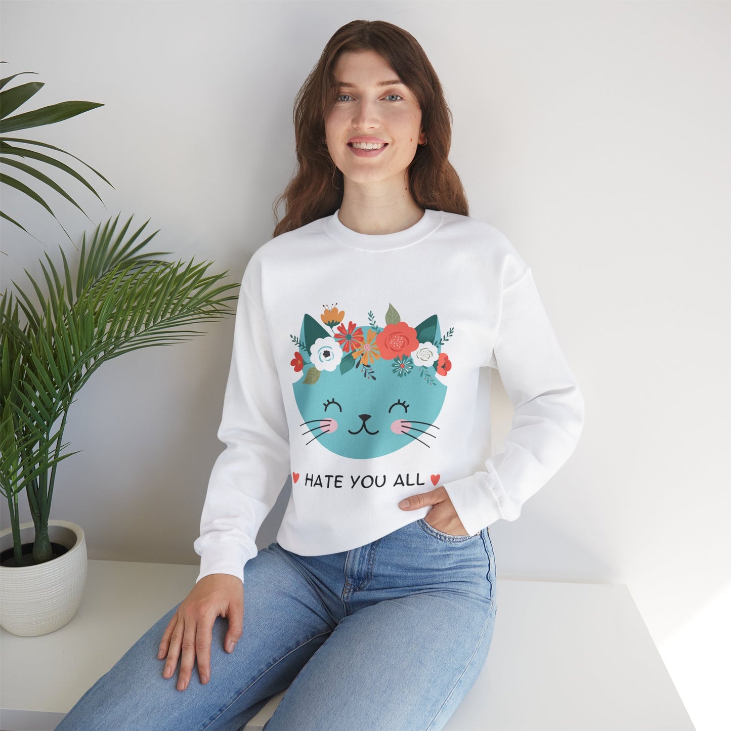 "HATE YOU ALL" - Floral Cat Crewneck Sweatshirt