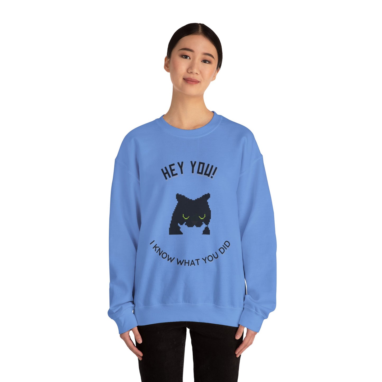 Funny Cat Crewneck Sweatshirt - 'Hey You! I Know What You Did'