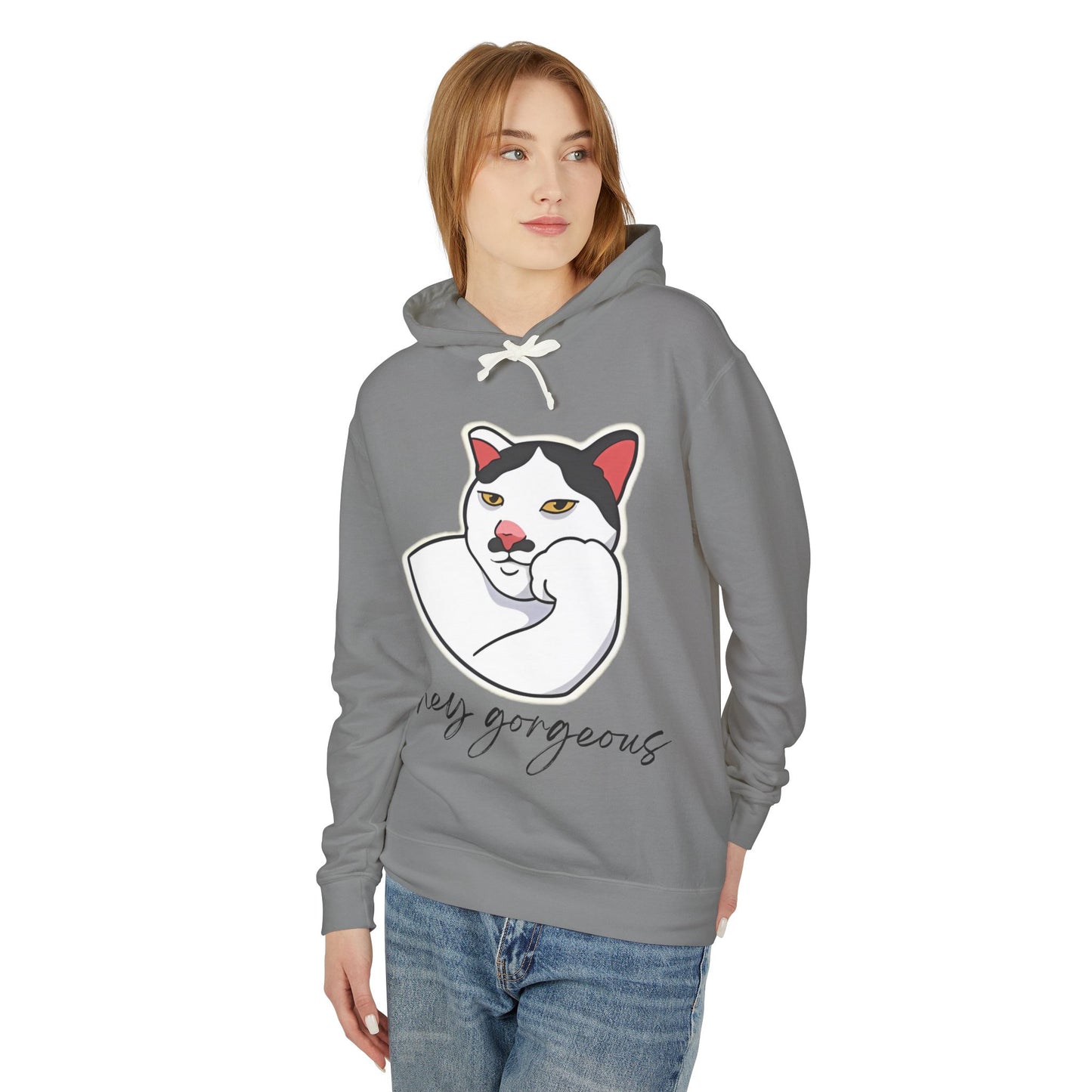 Hey Gorgeous Cat Unisex Lightweight Hoodie - Cute and Comfy Sweatshirt