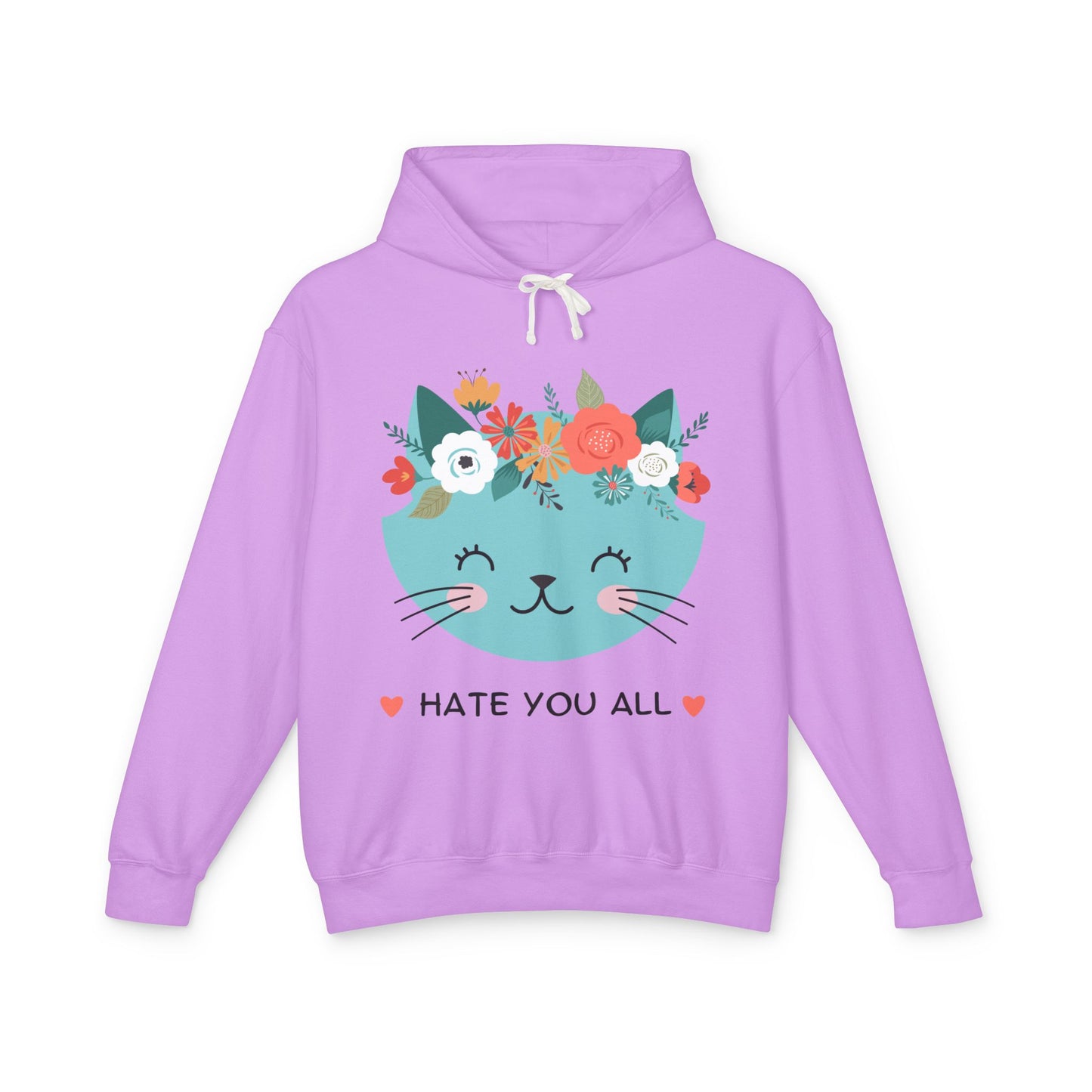 Cute Cat Floral Design Unisex Lightweight Hoodie - "Hate You All"