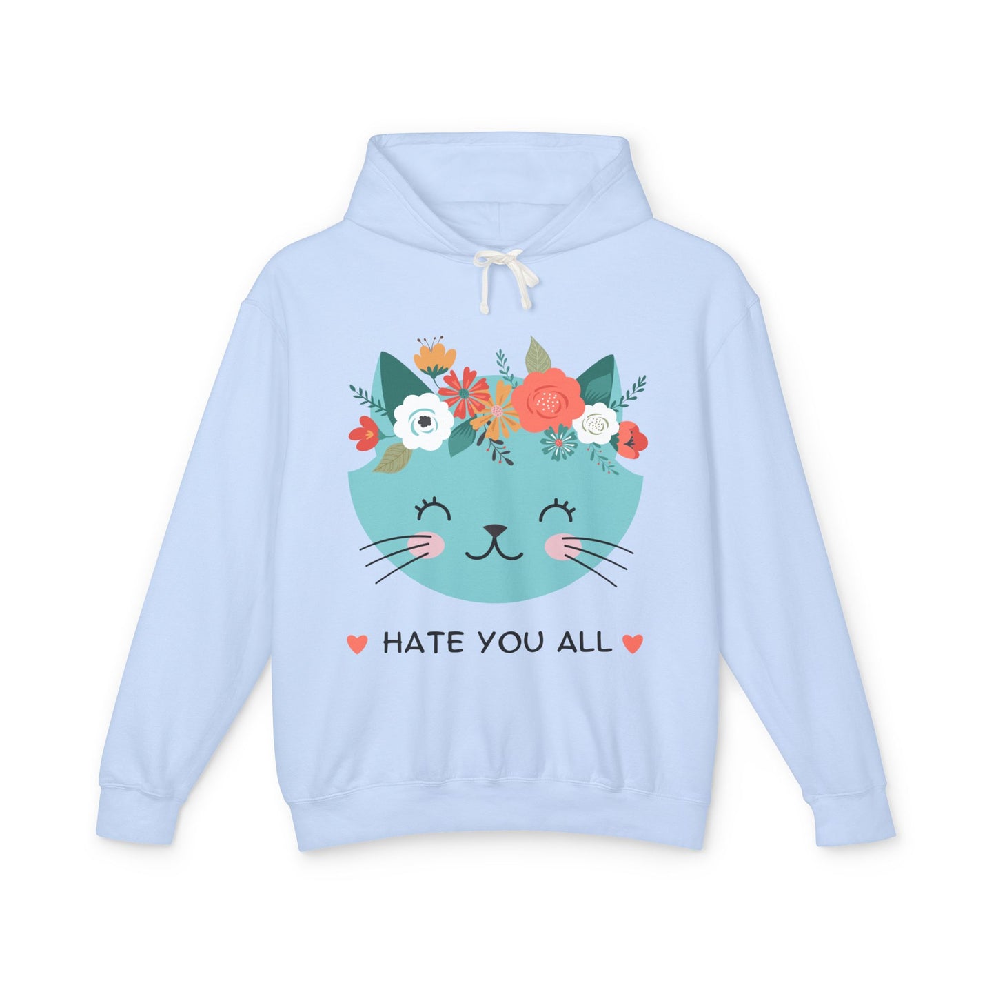 Cute Cat Floral Design Unisex Lightweight Hoodie - "Hate You All"