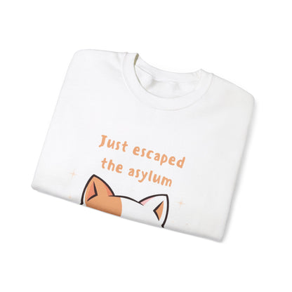 'Just Escaped the Asylum' - Funny Cat Crewneck Sweatshirt