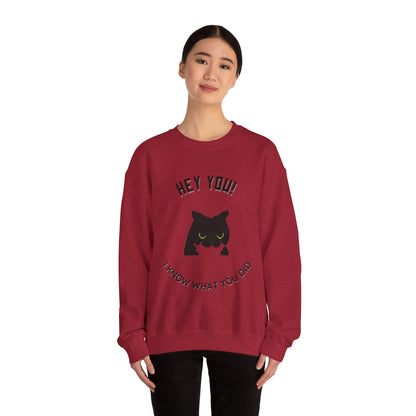 Funny Cat Crewneck Sweatshirt - 'Hey You! I Know What You Did'