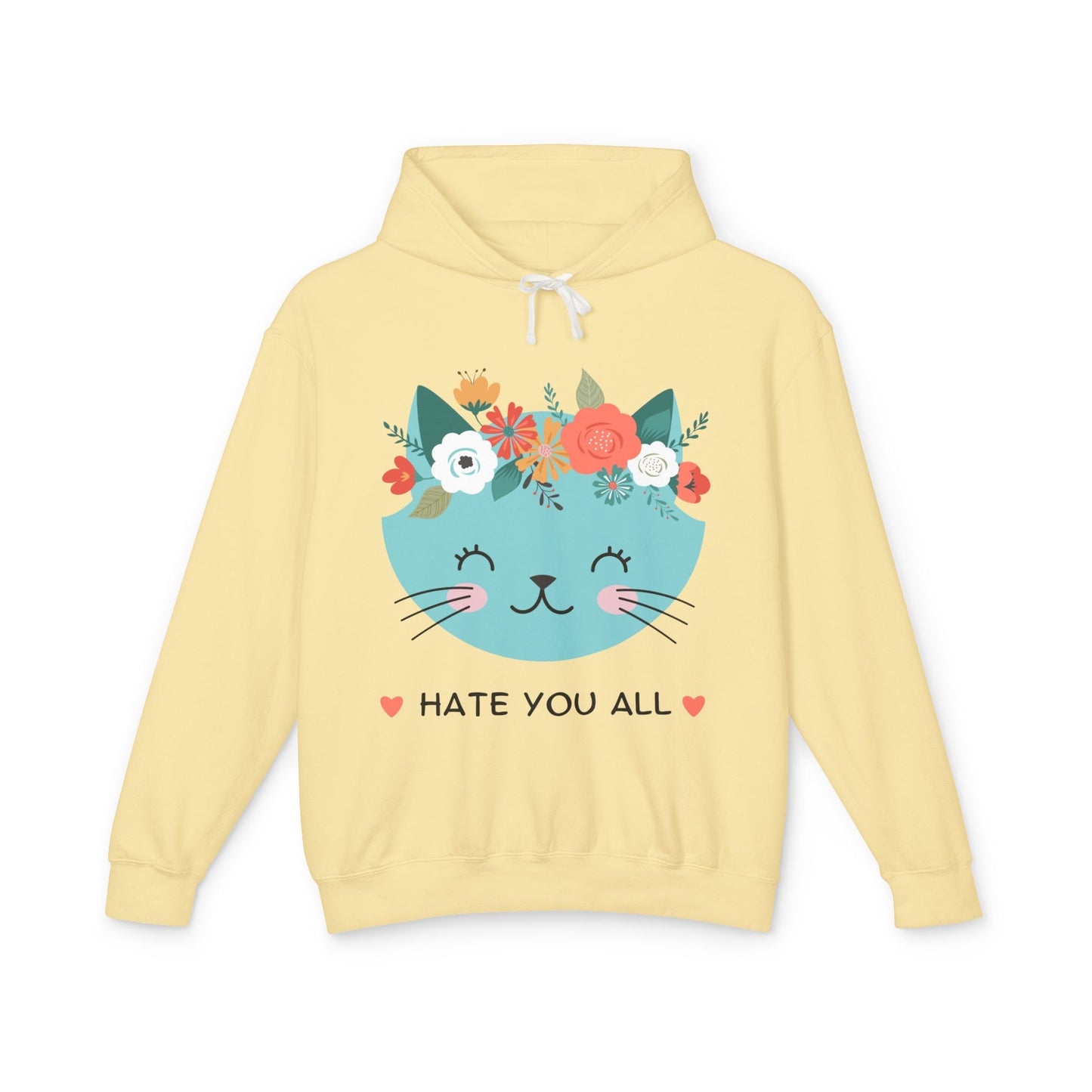 Cute Cat Floral Design Unisex Lightweight Hoodie - "Hate You All"