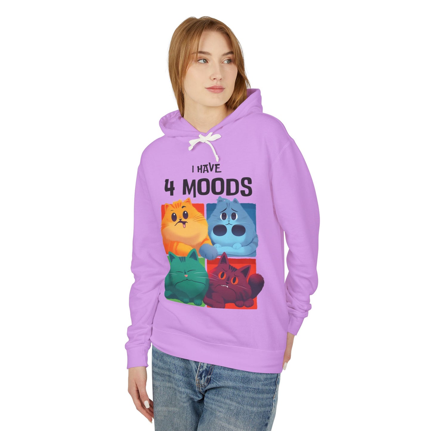 Unisex Lightweight Hooded Sweatshirt - "I Have 4 Moods" Cat Design - Perfect for Cat Lovers & Casual Wear