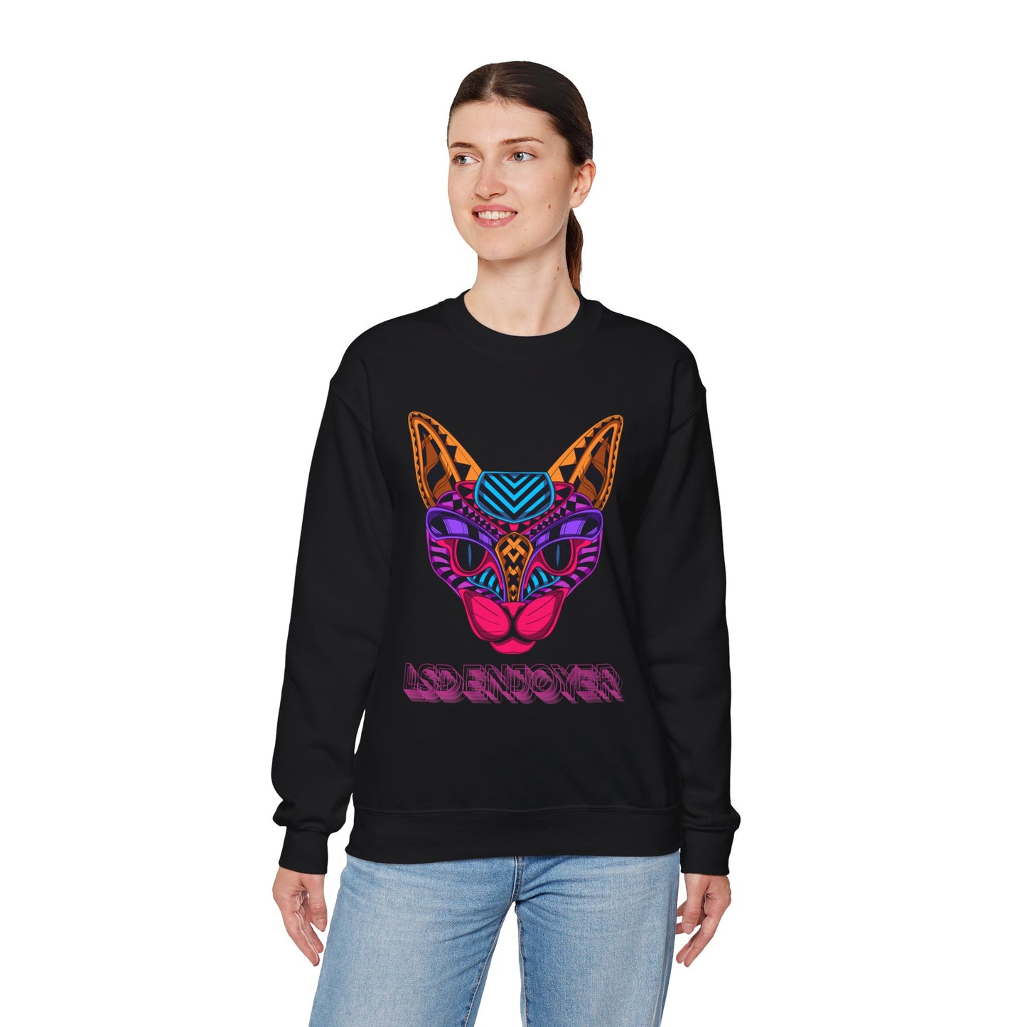 LSD ENJOYER -- Vibrant Cat Graphic Crewneck Sweatshirt - Unisex Heavy Blend