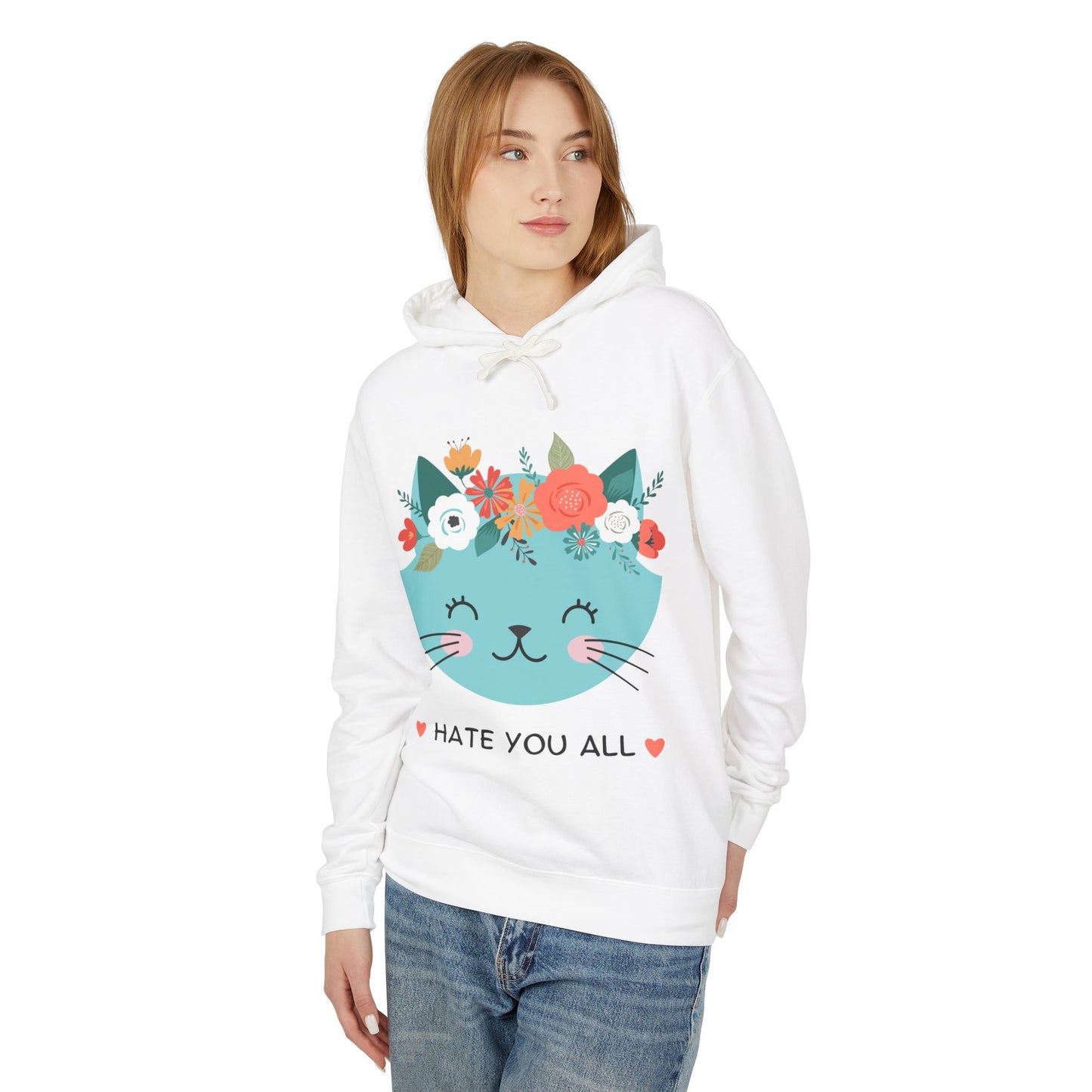 Cute Cat Floral Design Unisex Lightweight Hoodie - "Hate You All"