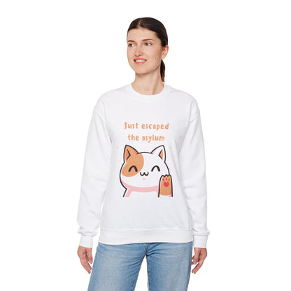 'Just Escaped the Asylum' - Funny Cat Crewneck Sweatshirt