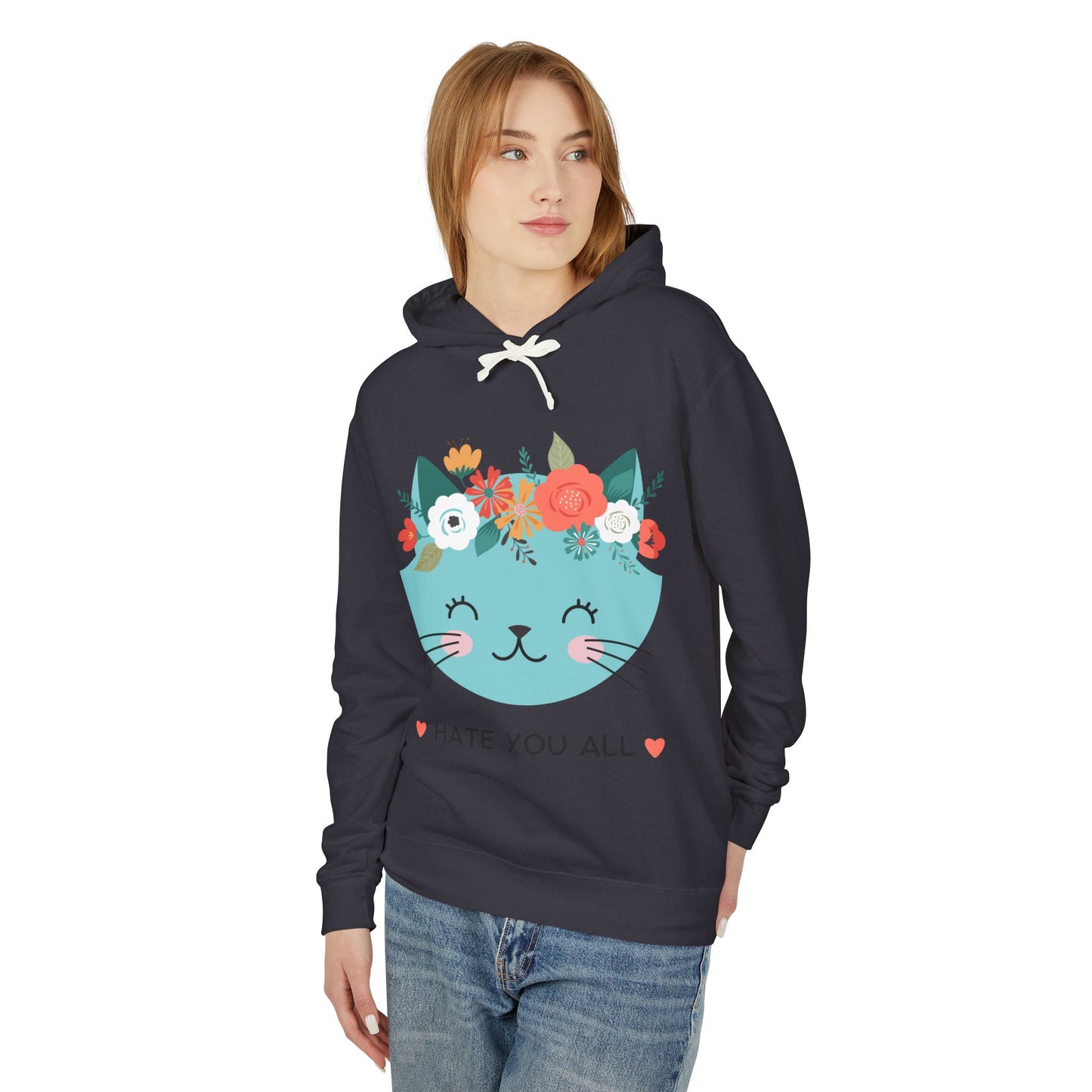 Cute Cat Floral Design Unisex Lightweight Hoodie - "Hate You All"