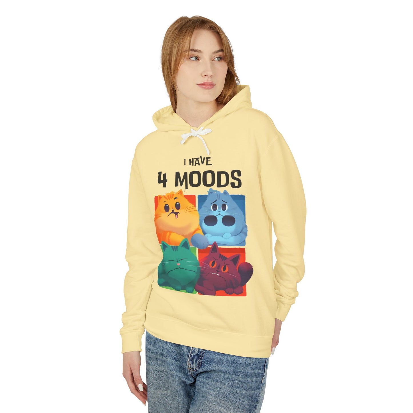 Unisex Lightweight Hooded Sweatshirt - "I Have 4 Moods" Cat Design - Perfect for Cat Lovers & Casual Wear