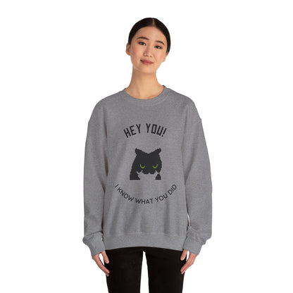 Funny Cat Crewneck Sweatshirt - 'Hey You! I Know What You Did'