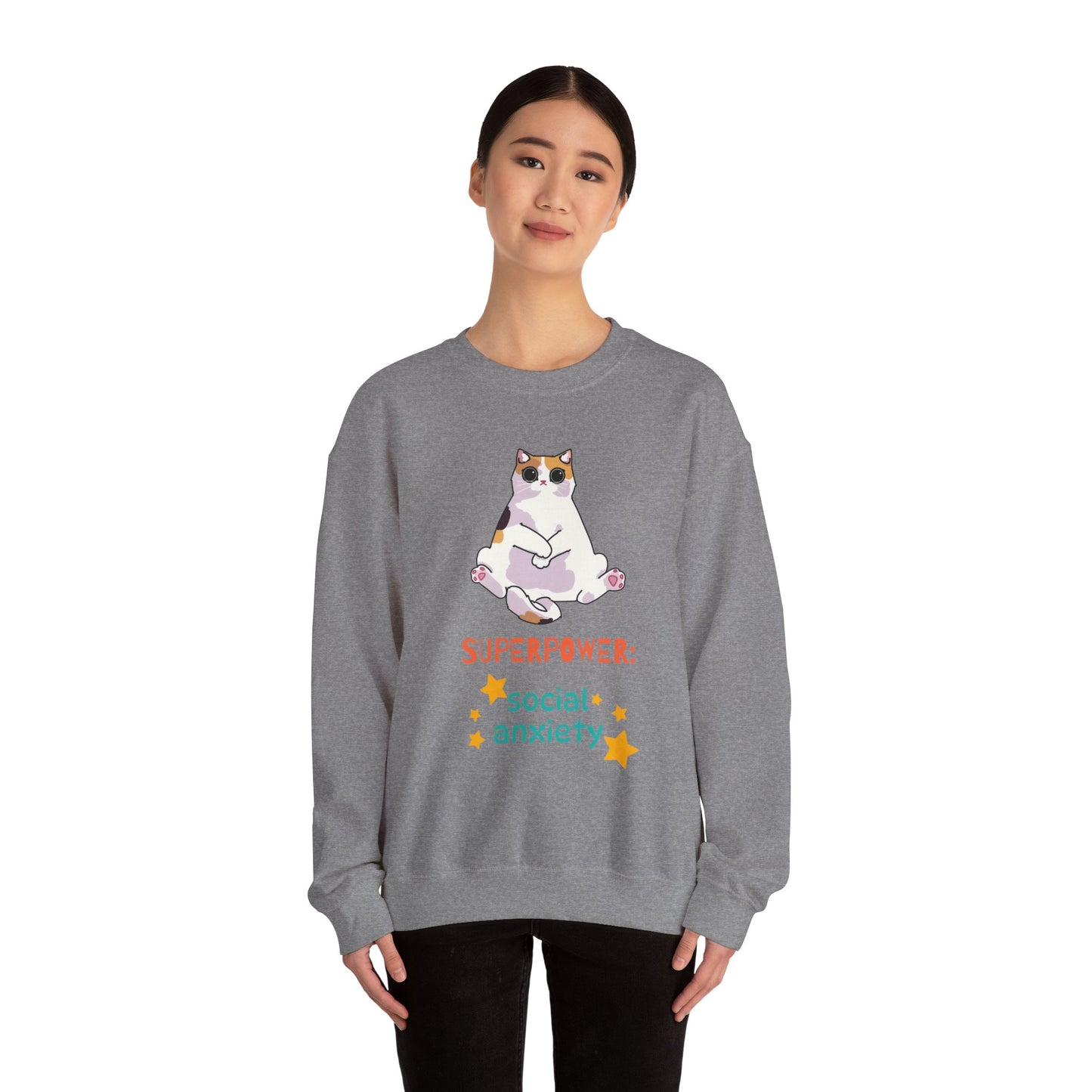 Funny Cat Sweatshirt - "Superpower: Social Anxiety" Unisex Crewneck