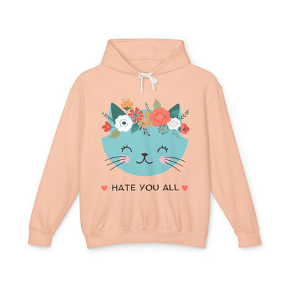 Cute Cat Floral Design Unisex Lightweight Hoodie - "Hate You All"