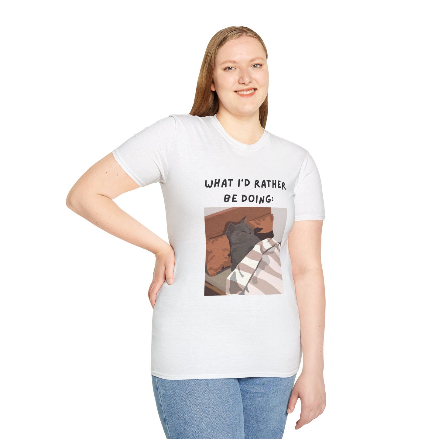 Cute Cat Sleepy Vibes Unisex Softstyle T-Shirt - "What I'd Rather Be Doing"